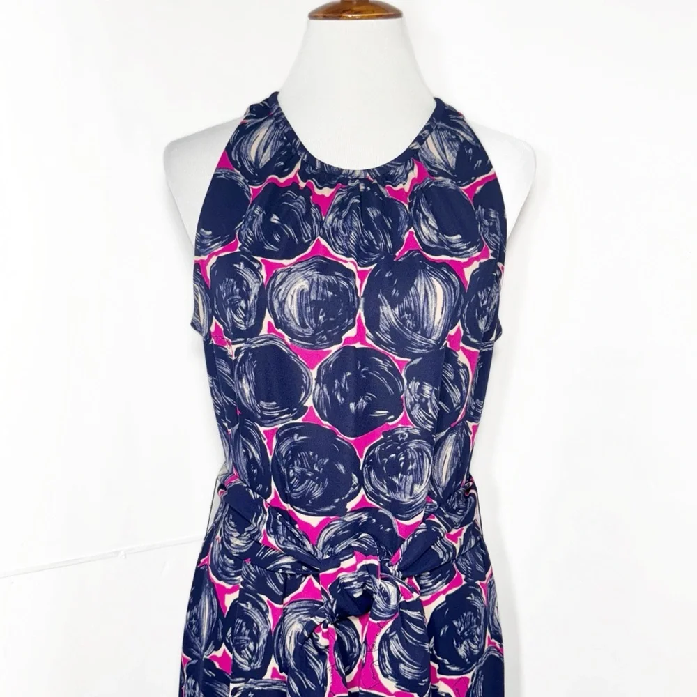SOLD-Tory Burch Floral Print Belted Blue Pink Knee Length Sleeveless Dress - Picture 7 of 10